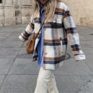 Zara Plaid Teddy Jacket in Blue, Brown, and Cream